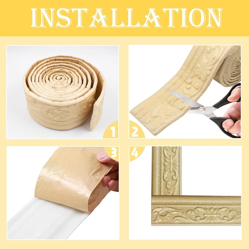 QoTang 90 x 3 Inch Foam Molding Trim Peel and Stick, Flexible Crown Molding Wallpaper Border Self Adhesive, 3D Wall Base Moulding Trim, Wall Edging Lines Foam Baseboard for Home Hotel DIY, Gold, 1 Roll - Image 3